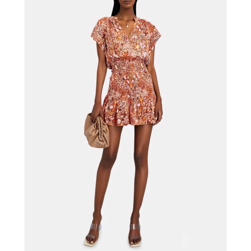 A.L.C. Carly Smocked Silk Mini Dress Sorbet Multicolor Floral Blouson V Neck 2